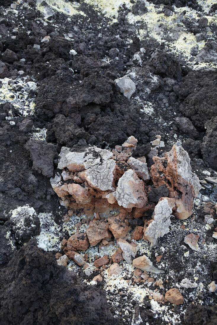 Sulfur deposits from a Solfatara, or sulfuric fumarole, Anak Krakatau volcano, full frame