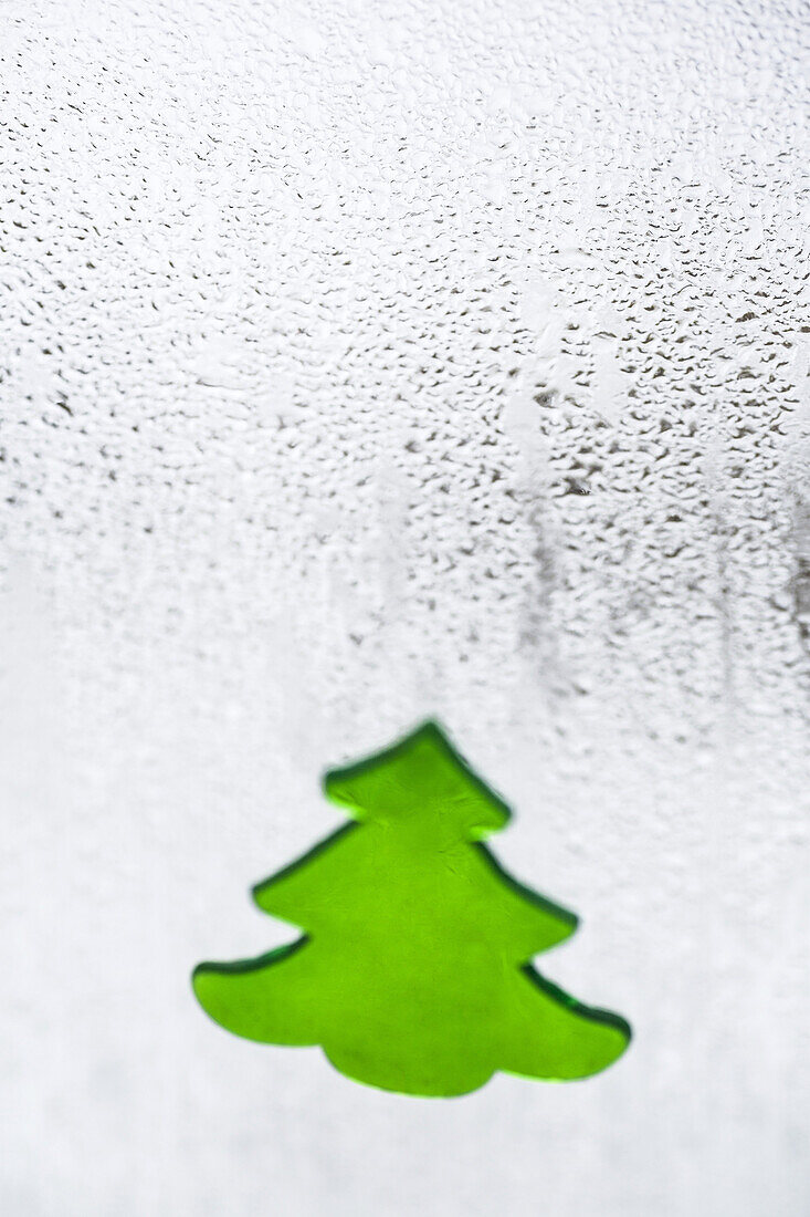 A Christmas tree decal on a window with condensation on it, close-up