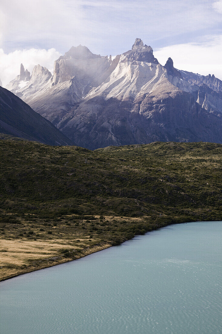 Detail of Lake Pehoe and Cuernos del Paine, Torres del Paine National Park, Chile