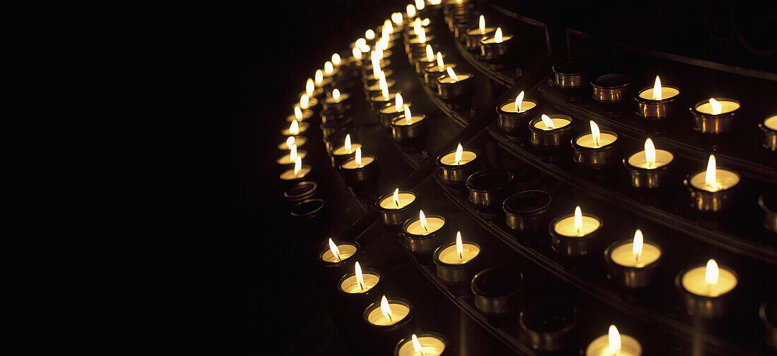 Many lit votive candles in a row against a black background