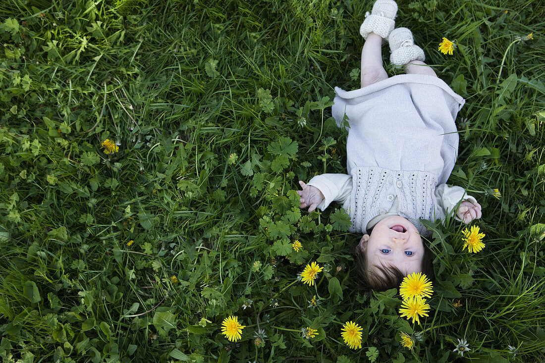 A cheerful baby girl lying in the grass, looking up
