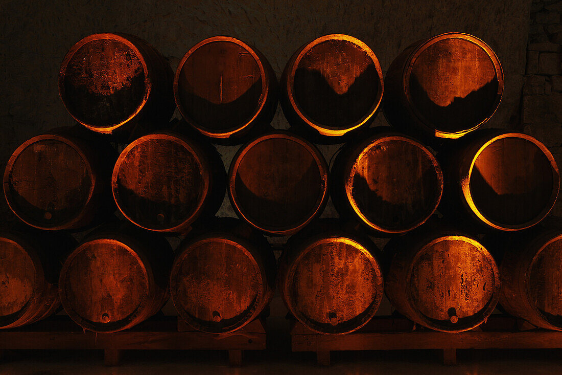 Stack of oak barrels of champagne