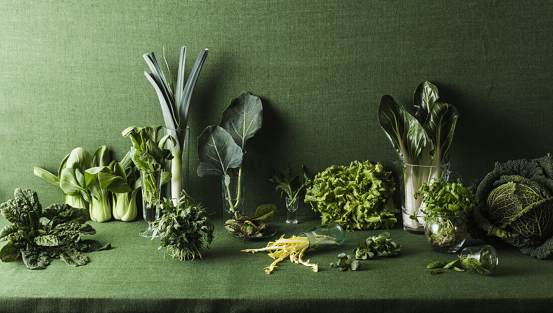 Assorted green vegetables on green table