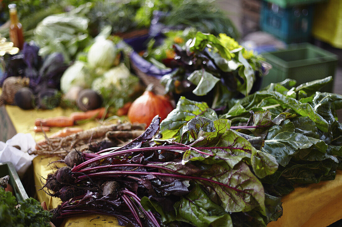 Leafy vegetables on table for sale in the market