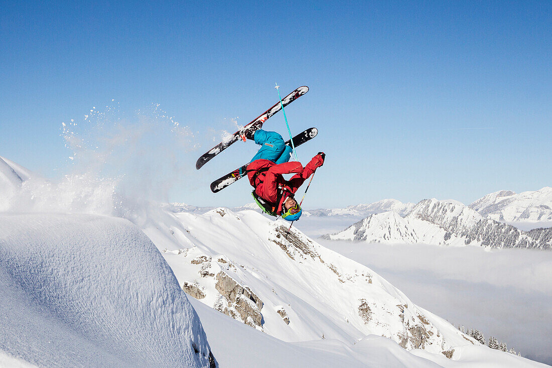 Free rider doing a somersault, free ride skiing area Haldigrat, Niederrickenbach, Oberdorf, Canton of Nidwalden, Switzerland