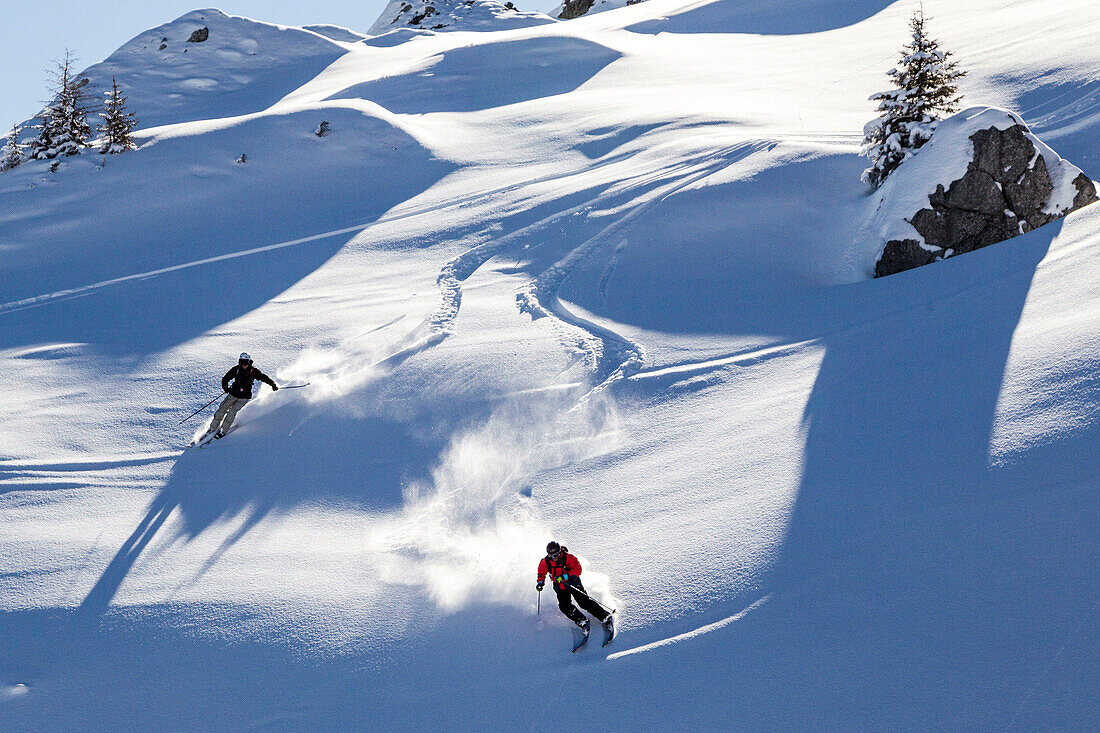 Zwei Skifahrer fahren im Tiefschnee ab, Freeridegebiet Haldigrat, Niederrickenbach, Oberdorf, Kanton Nidwalden, Schweiz