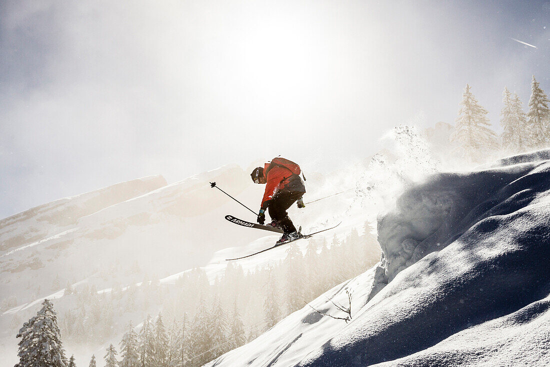 Free rider jumping, free ride skiing area Haldigrat, Niederrickenbach, Oberdorf, Canton of Nidwalden, Switzerland