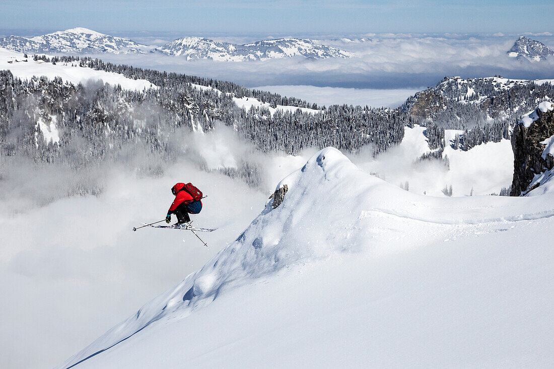 Free rider jumping, free ride skiing area Haldigrat, Niederrickenbach, Oberdorf, Canton of Nidwalden, Switzerland