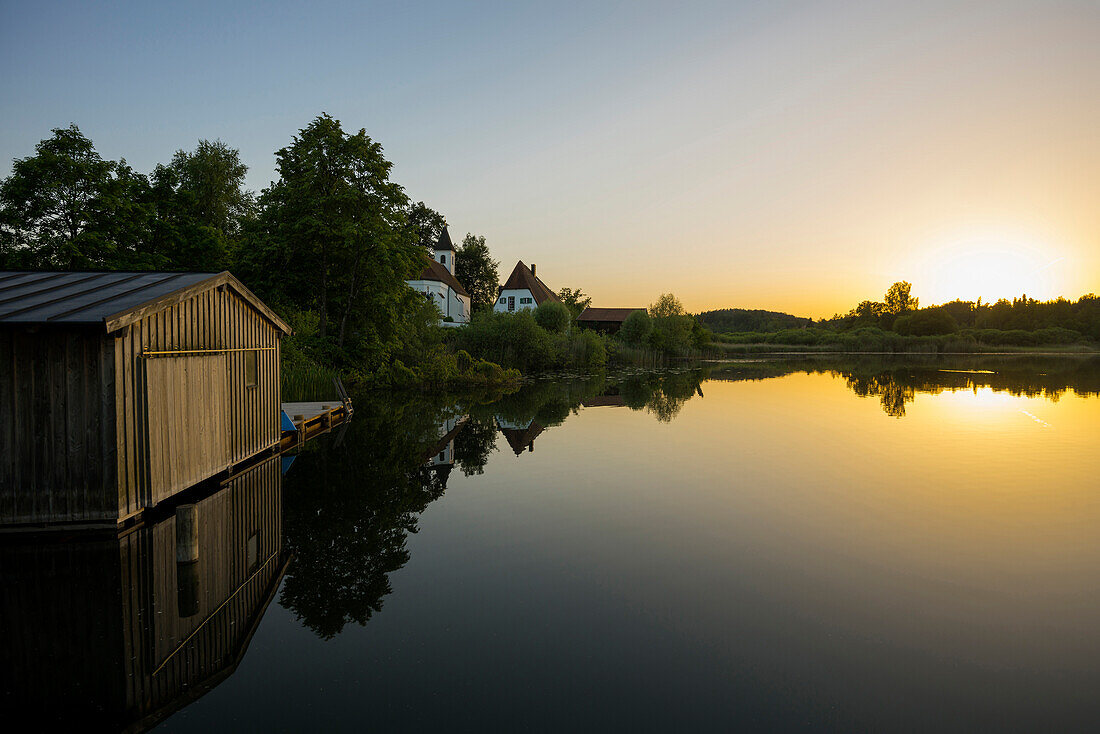 Lake Seeon at sunset, Seeon-Seebruck, Chiemgau, Upper Bavaria, Bavaria, Germany