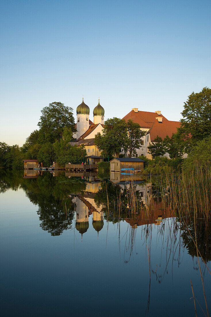 Seeon Monastery and Lake Seeon with reflection, Seeon-Seebruck, Chiemgau, Upper Bavaria, Bavaria, Germany