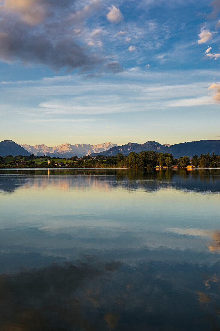 Reflection of the mountains in lake Riegsee, near Murnau, Upper Bavaria, Bavaria, Germany