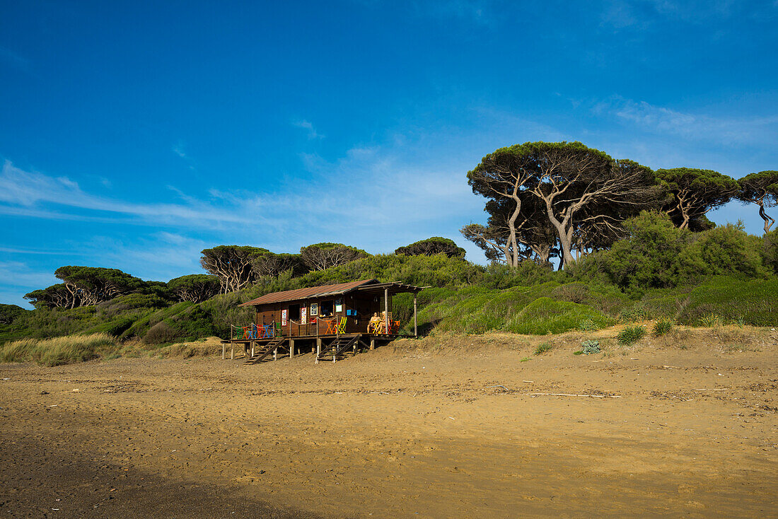 Beach bar, Populonia, near Piombino, province of Livorno, Tuscany, Italy