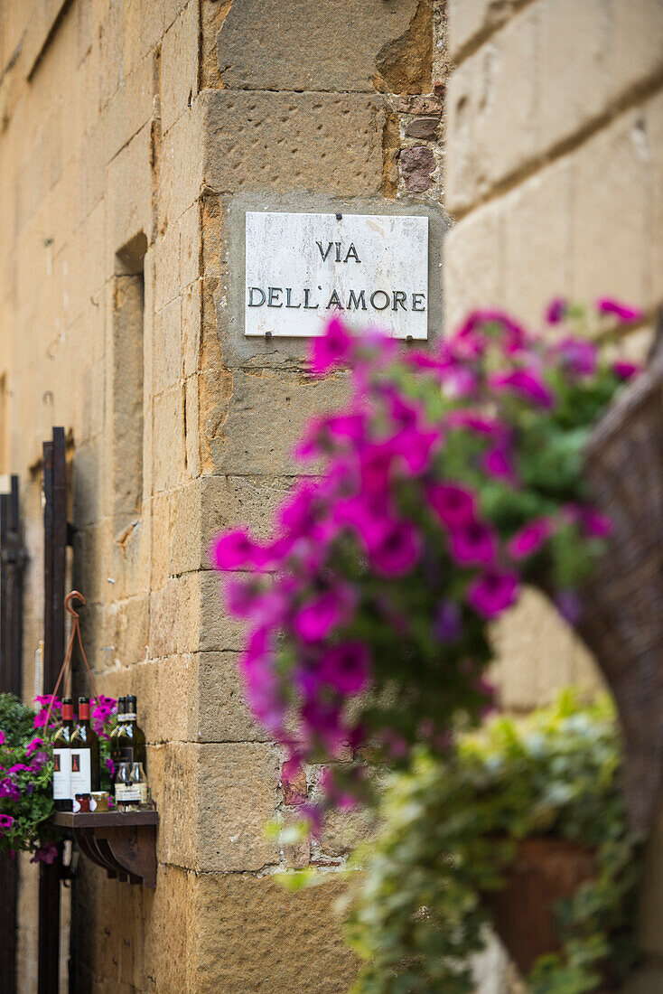 Street sign in Pienza, Val d`Orcia, province of Siena, Tuscany, Italy, UNESCO World Heritage