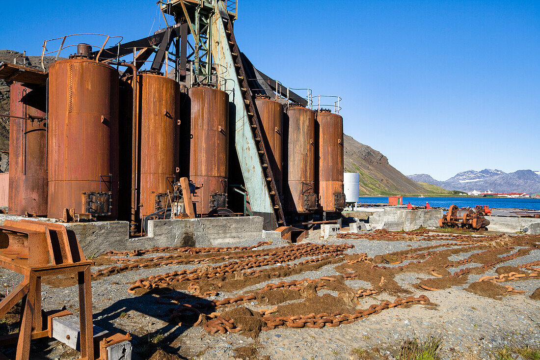 Former whaling station Grytviken tanks of the blubber cookery, King Edward Cove, South Georgia, South Sandwich Islands, British overseas territory, Subantarctic, Antarctica