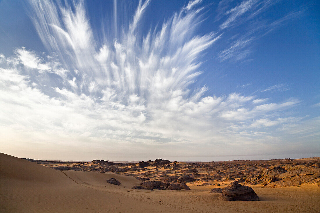 clouds over stony desert, Tassili Maridet, Libya, Africa