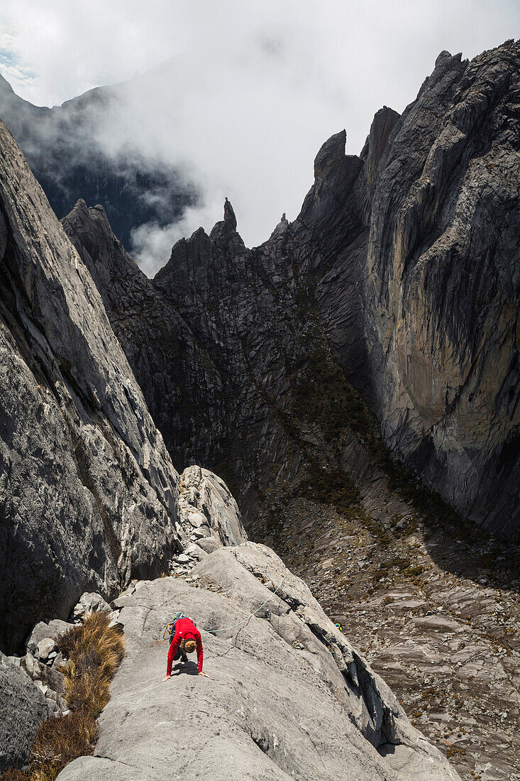 Christian and Nina Schlesener climbing the last 3 pitch of the new climbing route on Victoria Peak, Mount Kinabalu, Borneo, Malaysia