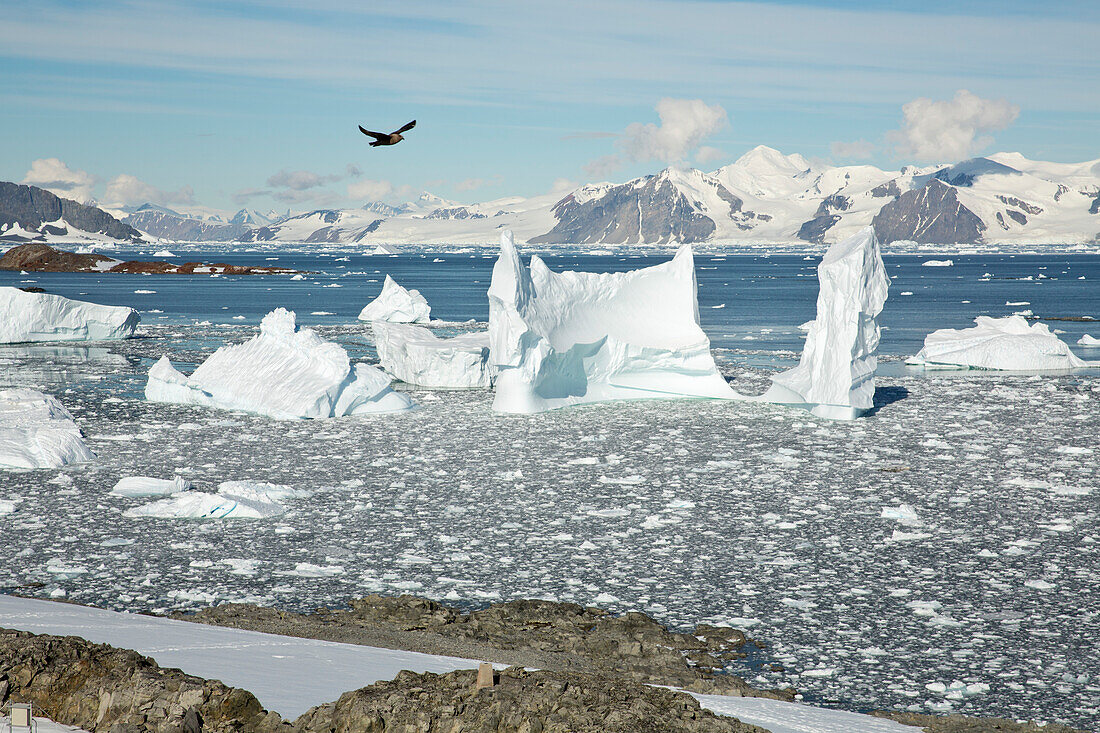 Blick von Station Rothera zu den umliegenden verschneiten Bergern, Rothera Station, Marguerite Bay, Antarktis