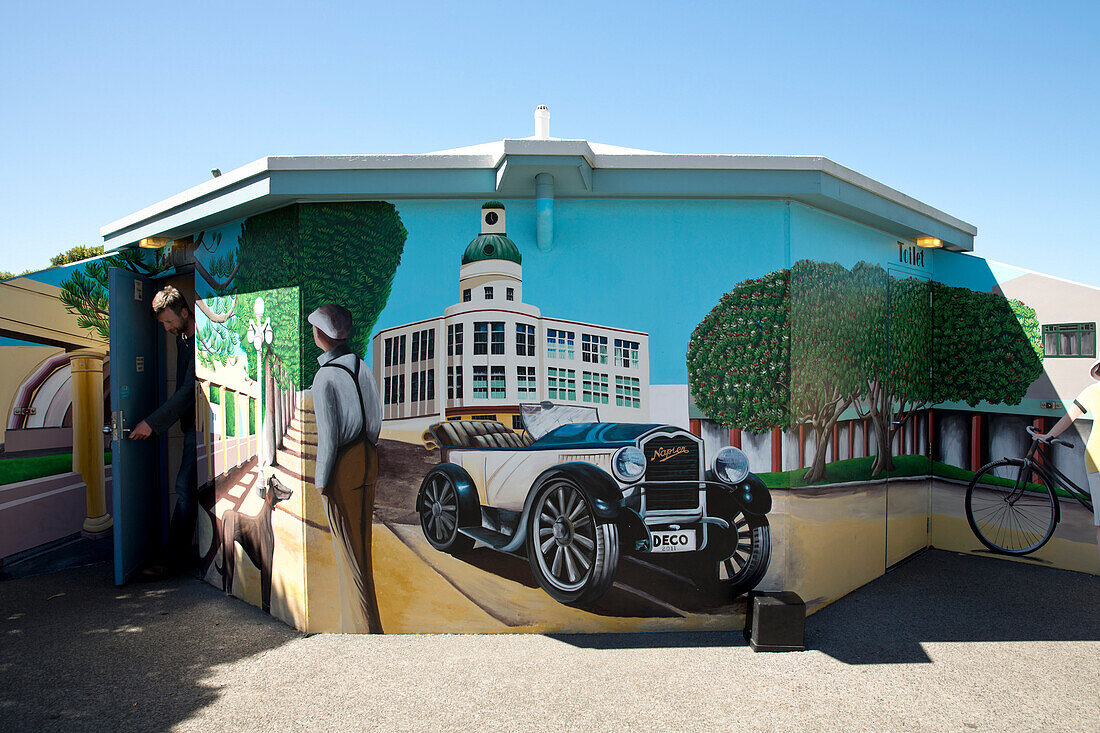 Public toilet with Art Deco painting, Napier, Hawke's Bay, North Island, New Zealand