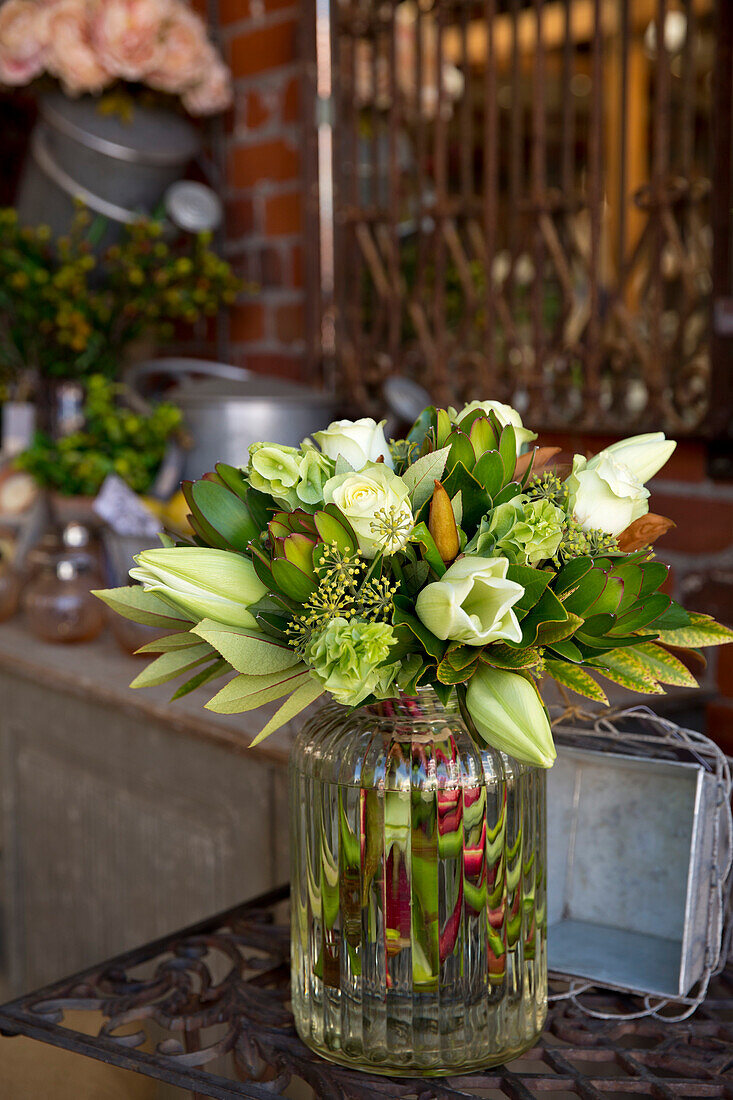Modern green and white bouquet in a glass vase, Napier, Hawke's Bay, North Island, New Zealand