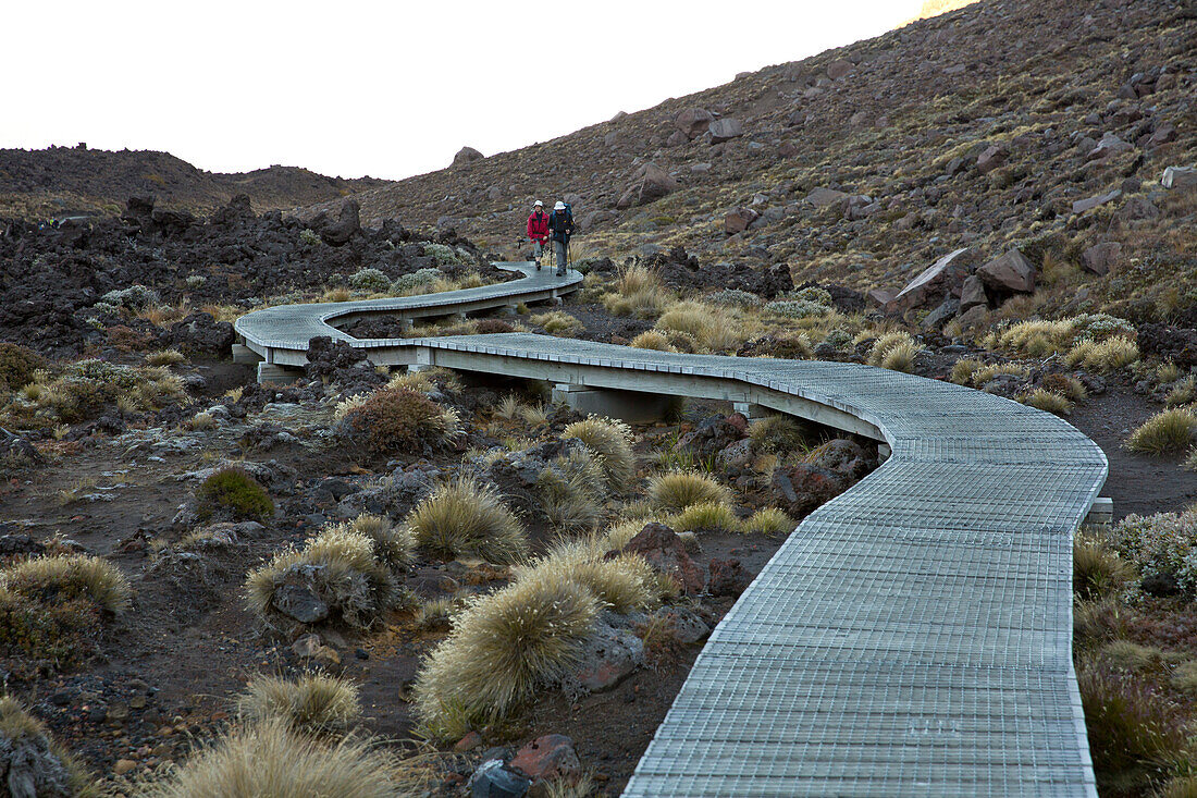 Two hikers on a boardwalk of Tongariro Crossing, one of the Great Walks of New Zealand, Tongariro National Park, North Island, New Zealand