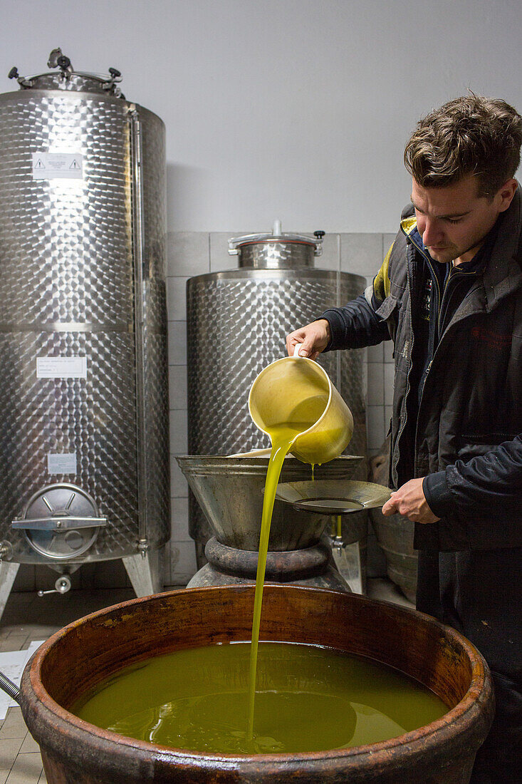 olive oil pressing, extra vergine, oil mill of Andrea Boschi, Tuscany, Italy