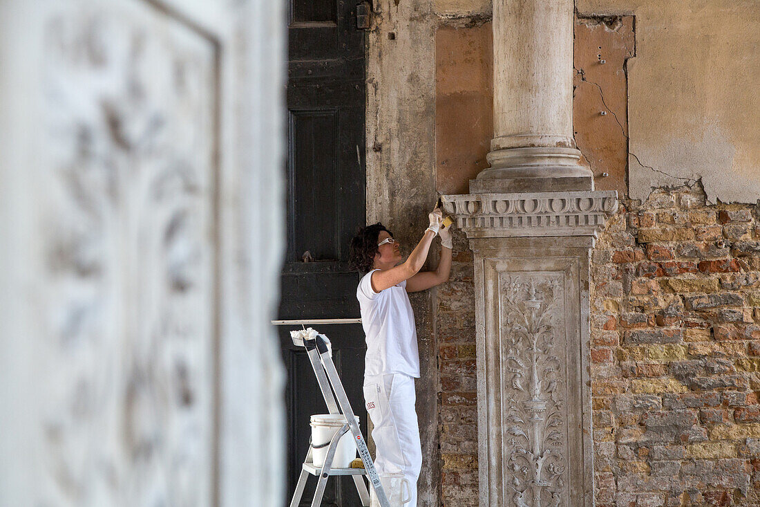 restoration work, column, interior of entrance hall Scuola Grande di San Marco, today the city hospital, Venice, Italy