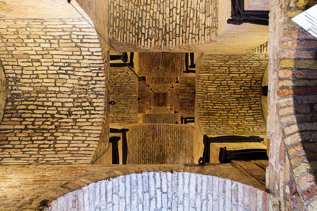 view up into the tower, campanile, Torcello, Torcello island, lagoon, Cathedral of Santa Maria Assunta, Venice, Italy