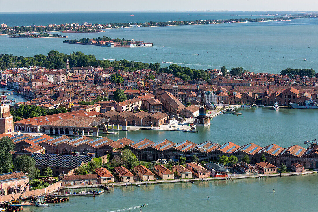 Aerial of the Venetian Arsenal, historic military industrial shipbuilding quarter of Venice, Lagoon, Venice, Italy
