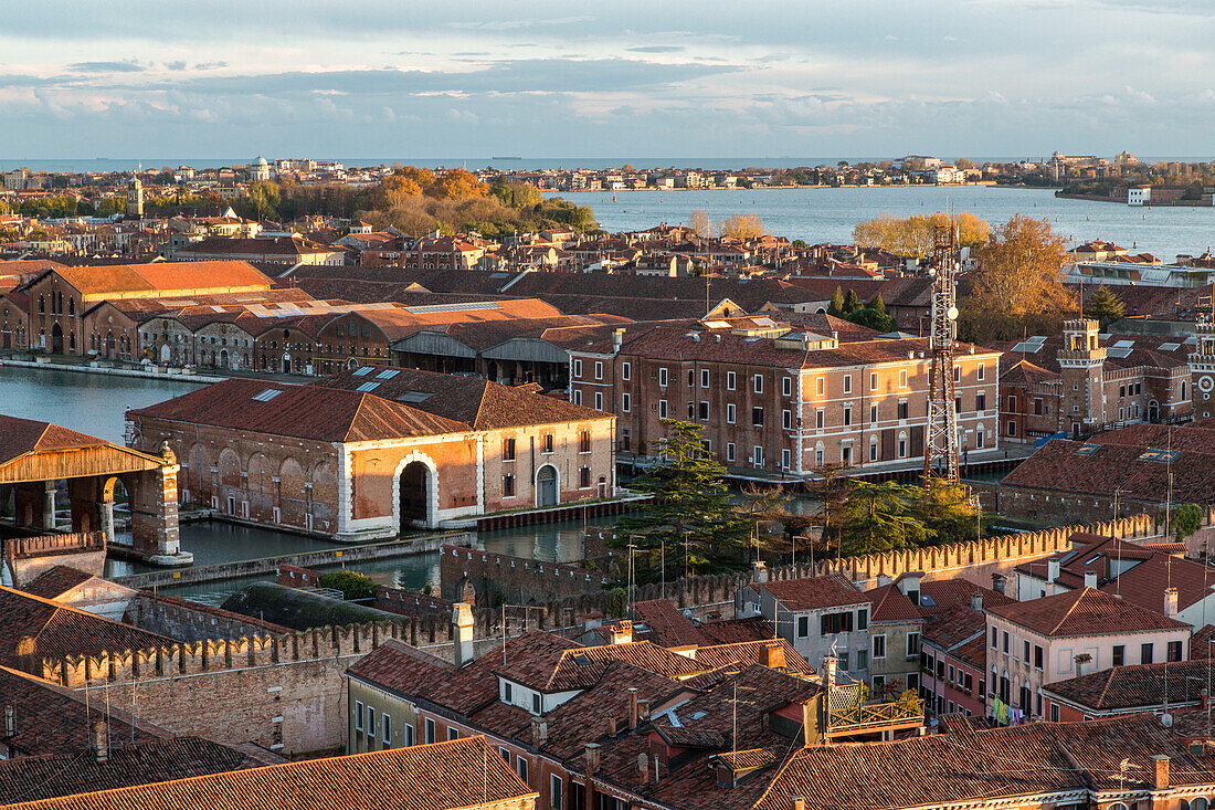 view above the Arsenal, historic military industrial shipbuilding quarter of Venice, Lagoon, Venice, Italy