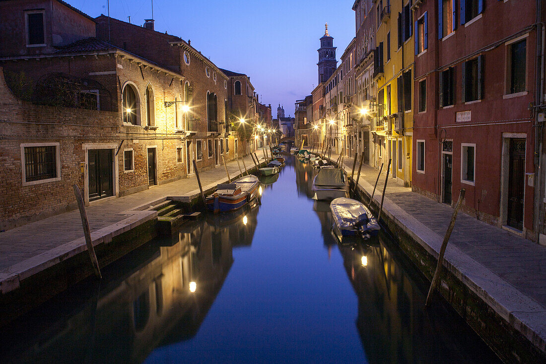 twilight, view from bridge, down the canal, Fondamenta della Squero, reflections, evening, tranquil, quiet, empty, Venice, Italy