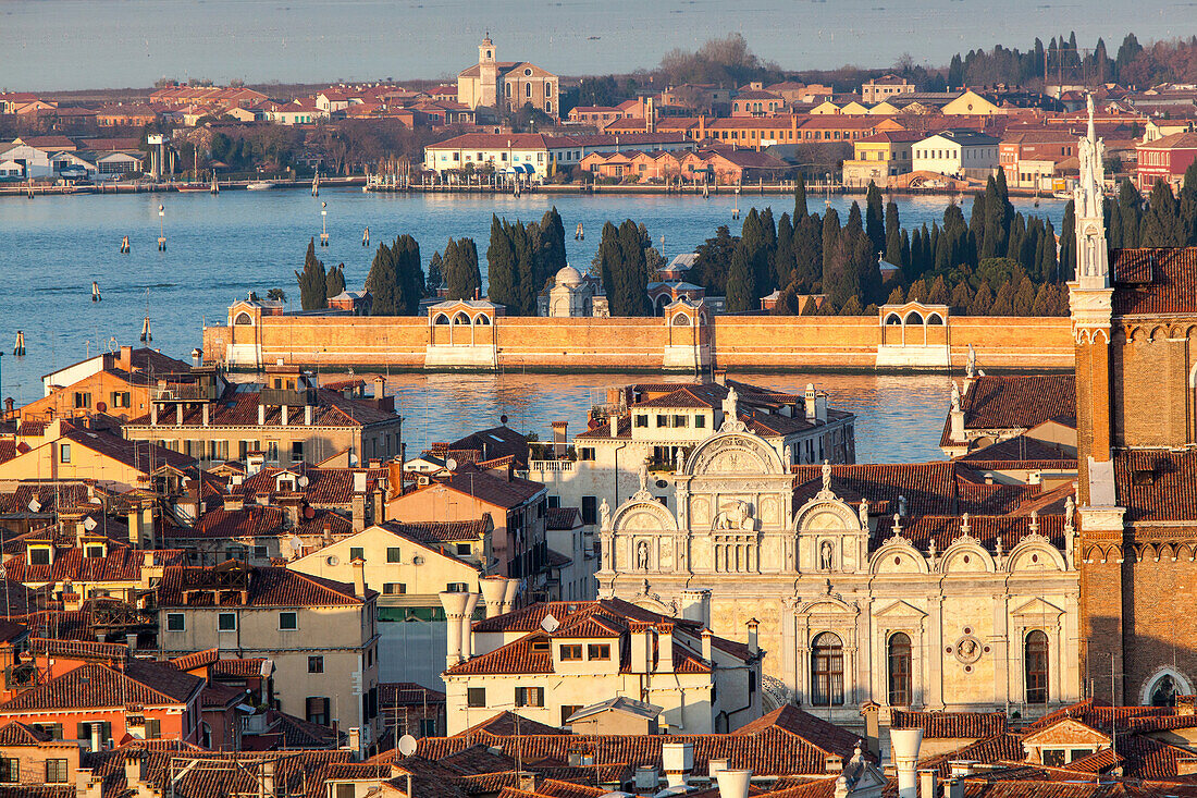 view above Basilica dei Santi Giovanni e Paolo, background is cemetery island San Michele, and beyond is Murano Island, lagoon, Venice, Italy