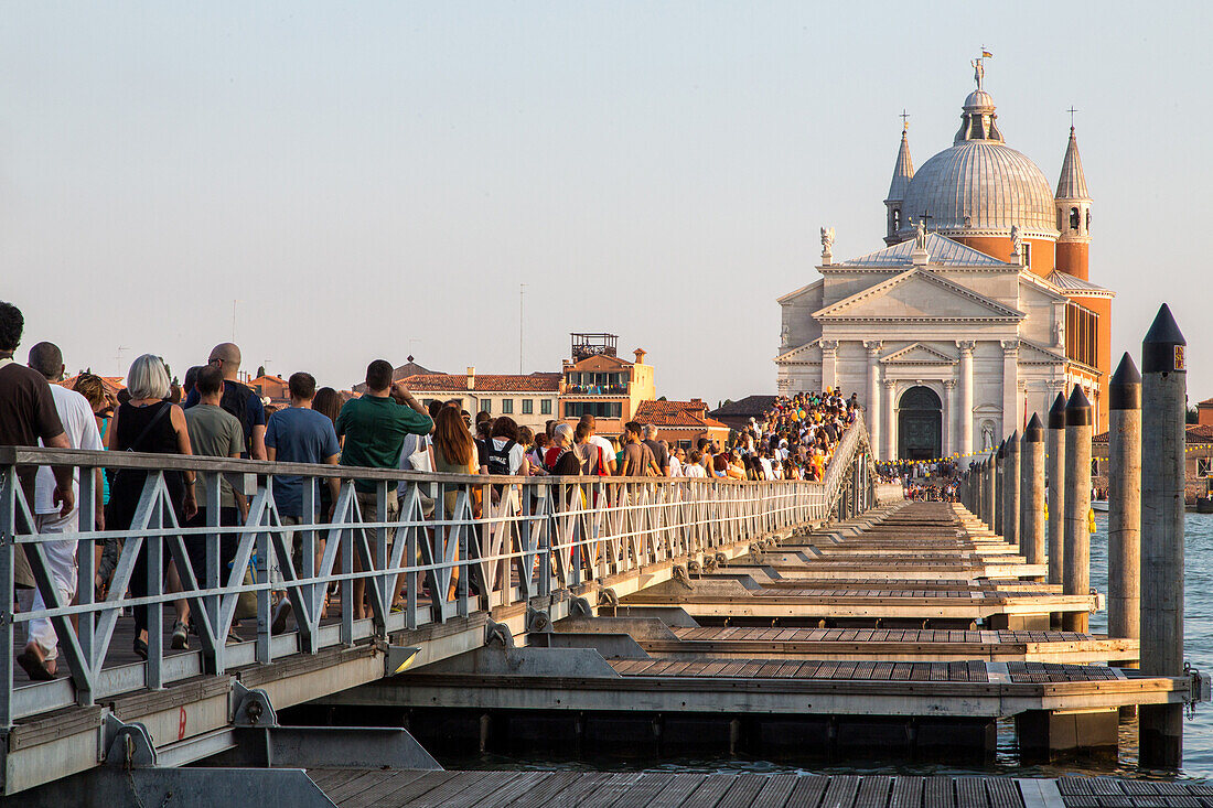 Festa del Redentore, Redentore Feast Day, thanks that the plague ended, pontoon bridge built across Giudecca Canal annually, sunset, 3rd Sunday of July, Venice, Italy