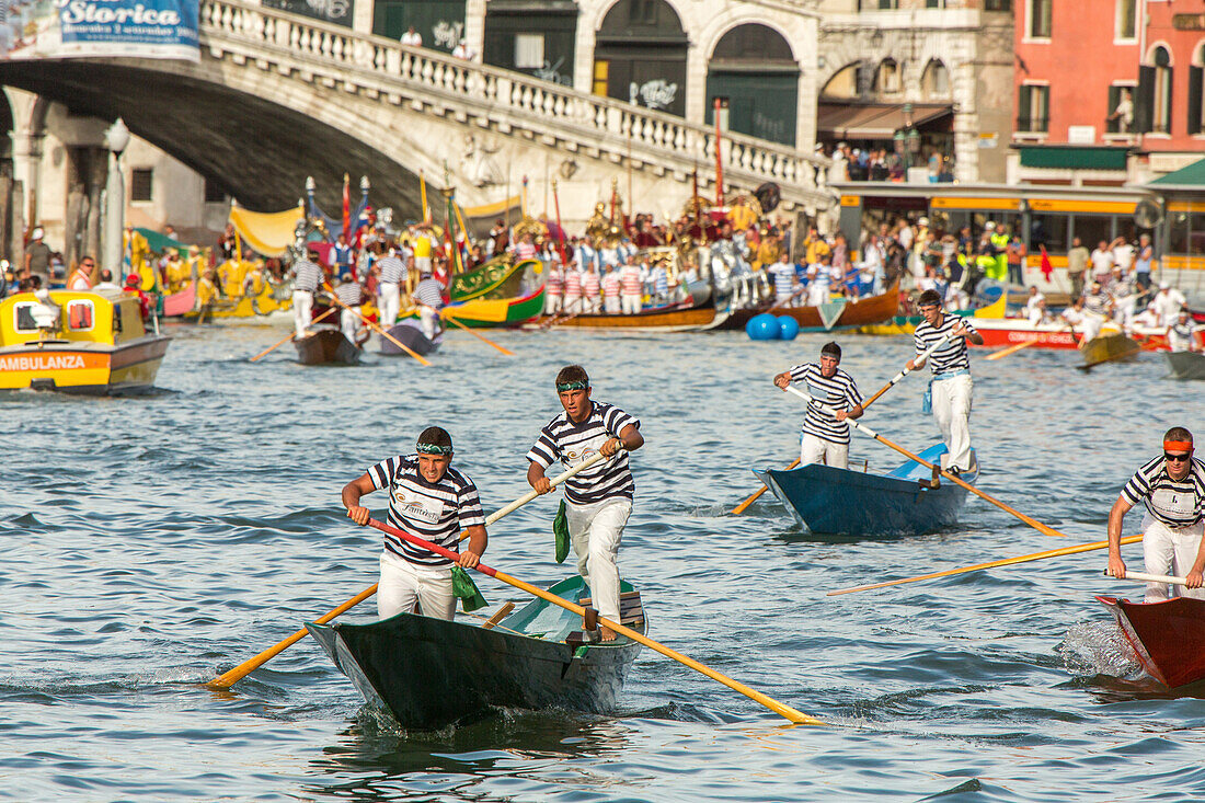 Boat race at the Regata Storica, historical water pageant, reconstruction, costume, colourful regatta, rowers, Grand Canal, Venice, Italy