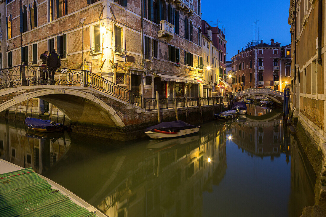 Fondamenta dei Frari, reflections, bridges, historic, boats, night, lights, canal water, walls, still, Venice, Italy