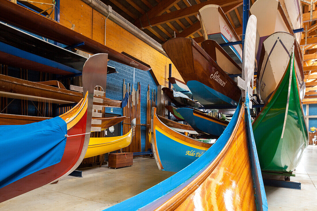 interior of boat house Remiera Canottieri Cannaregio, storage for traditional Venice boats like Sandolo, Caorlina, Gondola, Gondolino, Veneto, Venice, Italy