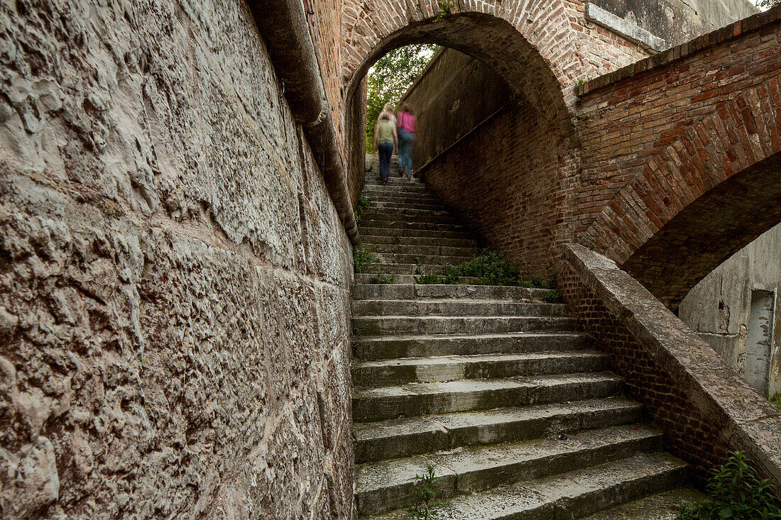 historic fortress island Sant'Andrea built to defend Venice, Serenissima, architecture, military, lstrian stone, stairway, sea entrance, lagoon, Venice, Italy