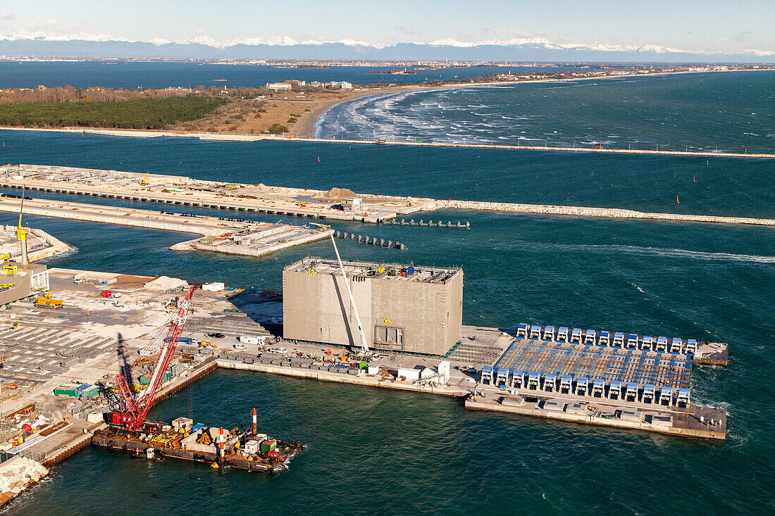aerial, March 2014, construction site of dam project MOSE to prevent flooding in Venice, Italy