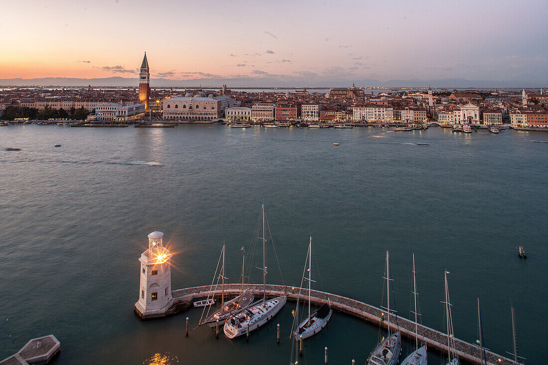 evening view from campanile of church San Giorgio Maggiore, island, Venice yacht club, opposite St Mark's Square, lagoon, Venice, Italy