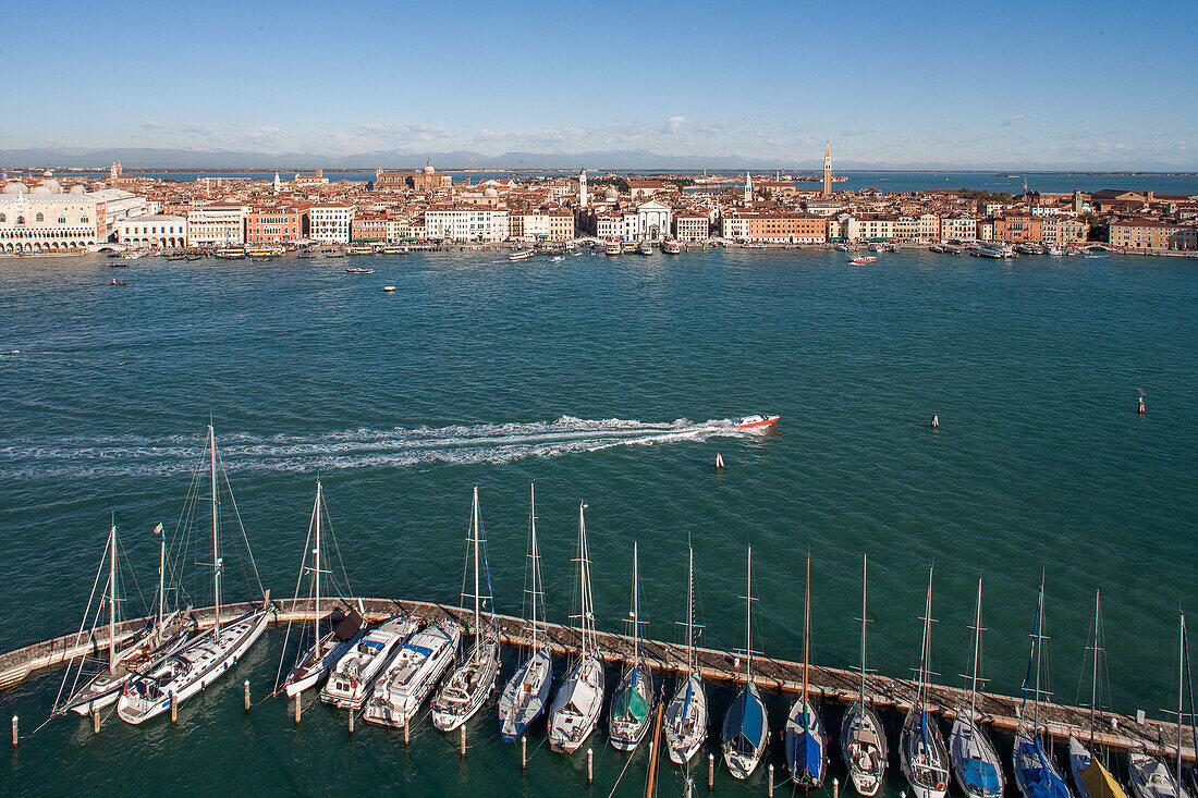 view from campanile of church San Giorgio Maggiore, Venice yacht club, opposite St Mark's Square, Venice, Italy