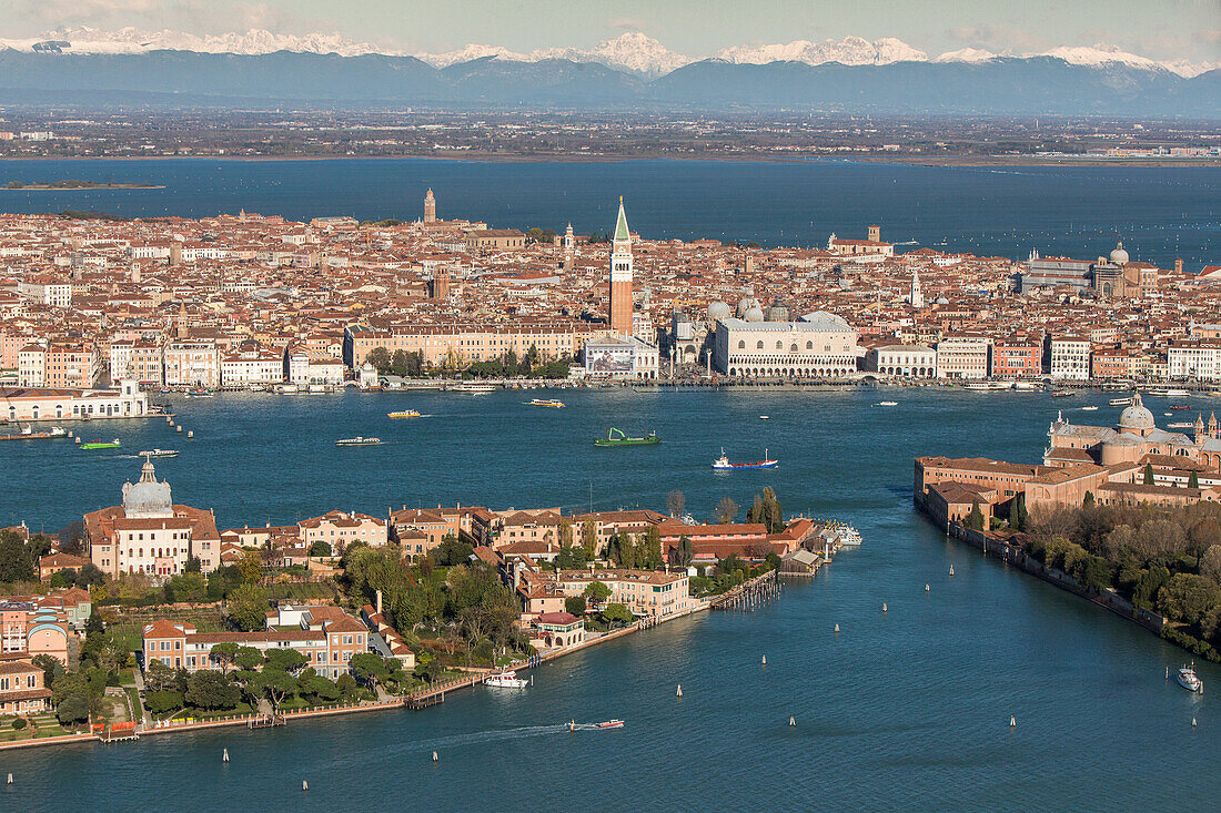 aerial shot above Venice, panorama, island of San Giorgio Maggiore, Giudecca, San Marco, St Mark's Square, Giudecca, snow peaks, Alps, Dolomites, lagoon, panorama, Venice, Italy
