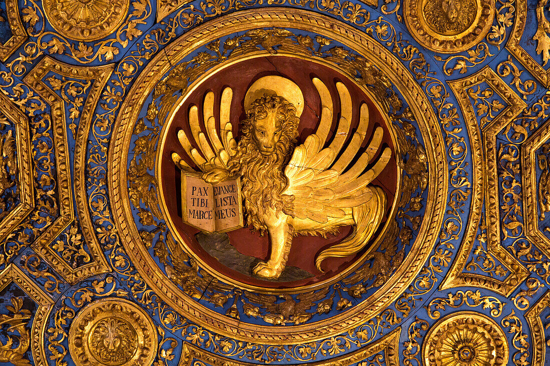 winged lion of Venice, timber ceiling, decoration, Scuola Grande di San Marco, Venice, Italy