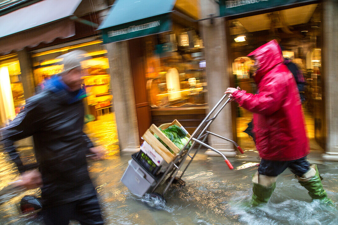 Acqua Alta, high water, delivering goods in rubber boots, Venice, Italy