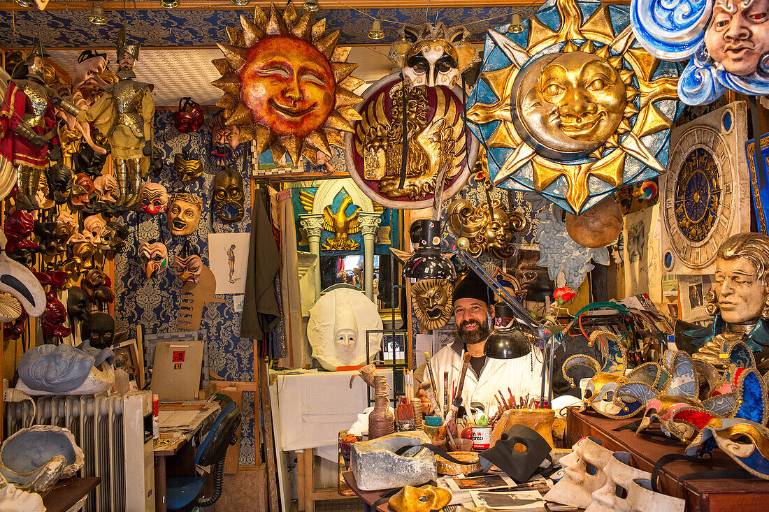 Leonardo Faggian, mask maker, Mistero Buffo studio in Dosoduro, carnival, handcrafted, sun, moon, creations, decorations, Venice, Italy