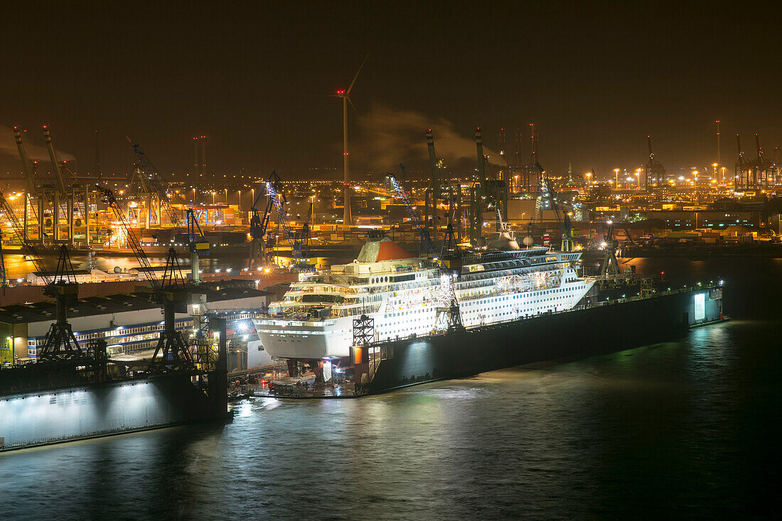 View from a hotel room towards Hamburg harbour and the Blohm und Voss shipyard, Hamburg, Germany