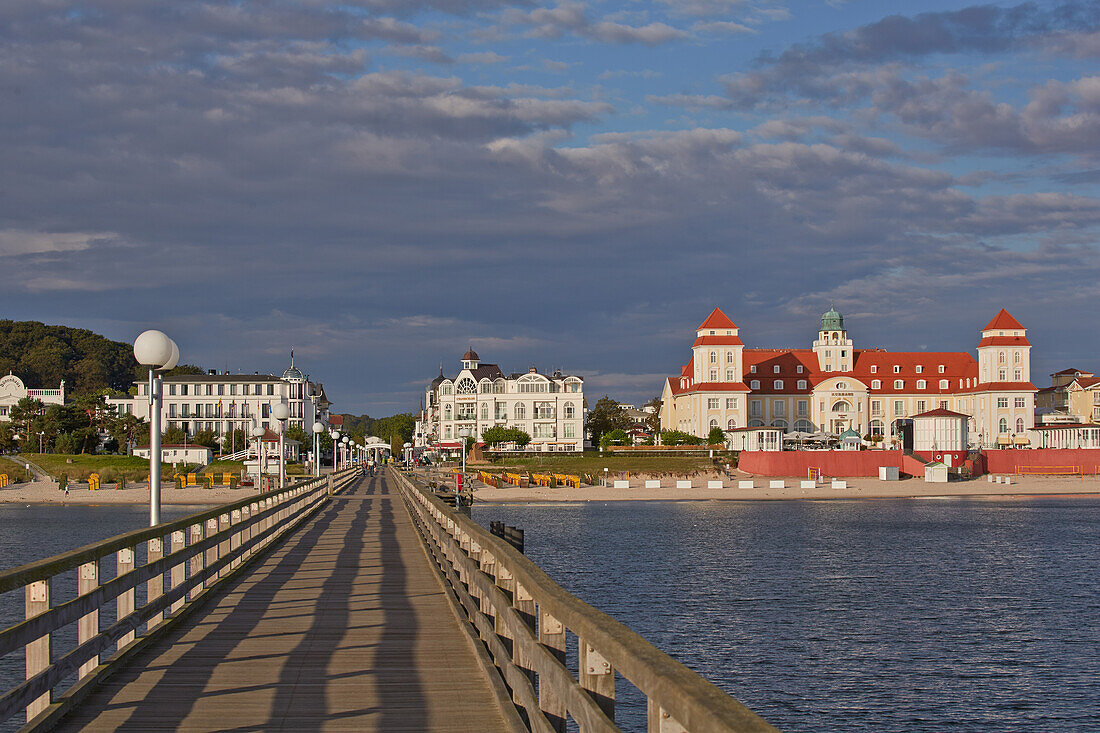 View from the pier towards the kurhaus, Binz Seaside Resort, Baltic Sea, Ruegen, Mecklenburg Vorpommern, Germany