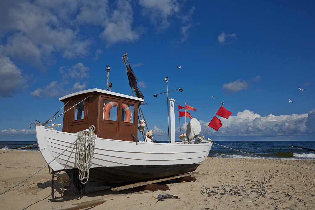 Fishing boat on the beach, Koserow, Usedom, Baltic Sea, Mecklenburg Vorpommern, Germany