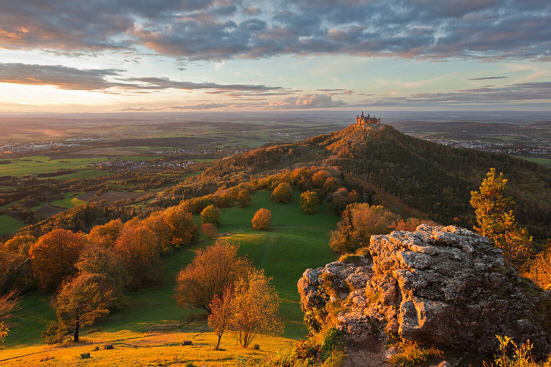 View to Hohenzollern castle, near Hechingen, Swabian Alb, Baden-Wuerttemberg, Germany