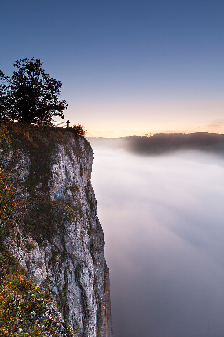 Eichsfelsen, mist in the valley of the Danube river, Upper Danube Nature Park, Baden- Wuerttemberg, Germany