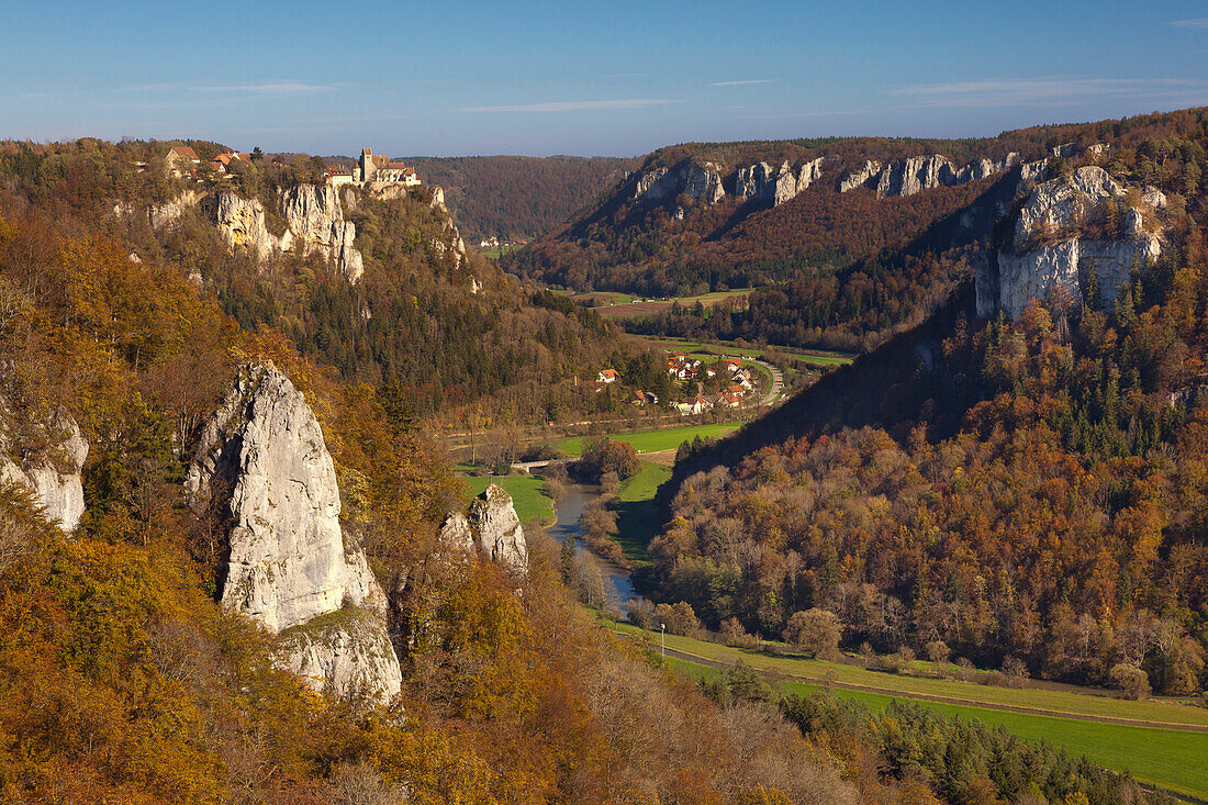 View over the Danube river to Werenwag castle, Upper Danube Nature Park, Baden-Wuerttemberg, Germany
