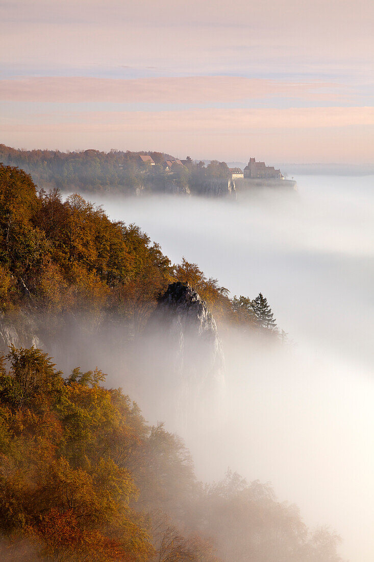 Nebel im Tal der Donau, Blick zum Schloss Werenwag, Naturpark Oberes Donautal, Schwäbische Alb, Baden-Württemberg, Deutschland